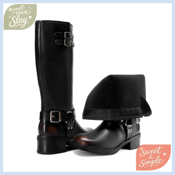 Women's Knee High Combat Boots Chunky Heel Side Zipper Square Toe - Picture 6 of 7